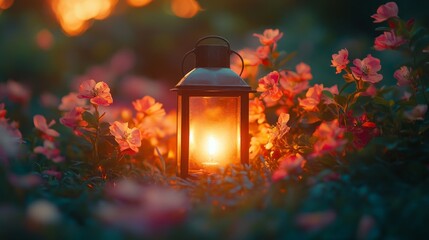 Poster - A lantern casts a gentle glow amid vibrant flowers in a garden as twilight descends. The soft light highlights the beauty of nature, creating a peaceful atmosphere