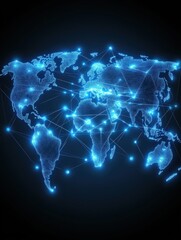 Poster - Global Connectivity Map World Network Technology Digital Communication Earth Blue Light Futuristic Design Connecting Continents Interlinked Nodes Data Transfer