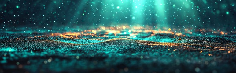 Poster - A blurred bokeh background with abstract blue and green hues, suitable for Christmas, Summer, or Spring concepts, featuring sunbeams and soft lights