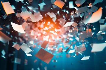 Poster - Abstract scene of dynamically floating papers illuminated by light, creating an energetic and chaotic atmosphere. Perfect for creative and business-related themes.