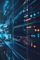 Poster - futuristic digital data visualization with vibrant blue and orange lights in a network environment