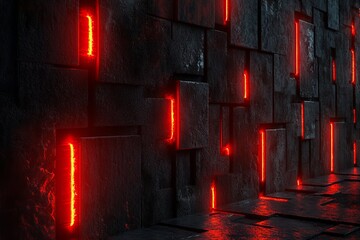Poster - Abstract Dark Wall with Red Neon Lights and Block Patterns