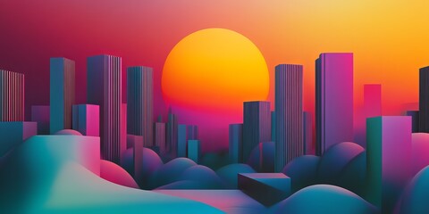 Poster - Surreal Landscape with Bright Sunset Over Futuristic Cityscape