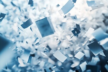 Poster - Abstract Blue Background with Floating White Paper Fragments
