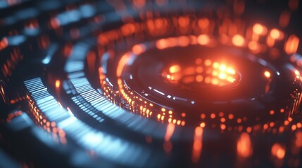 Poster - This captivating abstract image features a circular pattern illuminated by glowing red and blue lights, creating a dynamic and futuristic visual.