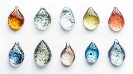 Poster - Collection of Colorful Glass Drops with Bubbles on White Surface Elegant Artistic Still Life