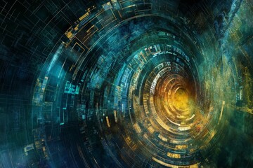 Poster - abstract digital spiral design with vibrant colors and illuminated patterns in space