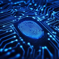 Poster - A vibrant digital fingerprint overlaid on a technology circuit board. This design symbolizes innovation in security and personal identification.