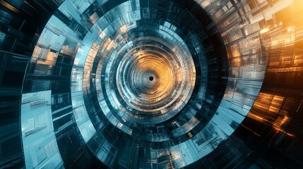 Poster - This captivating abstract artwork features a circular tunnel design characterized by metallic and blue hues, creating a sense of depth and motion.