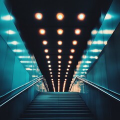 Poster - A modern staircase featuring a series of bright lights creates a striking atmosphere in an urban environment. The symmetry and depth draw the viewer into the space.
