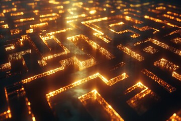 Poster - experience a mesmerizing golden maze pattern illuminated with glowing light reflections, creating an