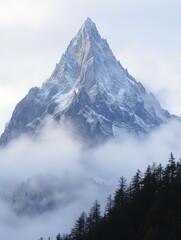 Wall Mural - majestic mountain peak piercing through ethereal clouds and evergreen forest creating a serene alpin
