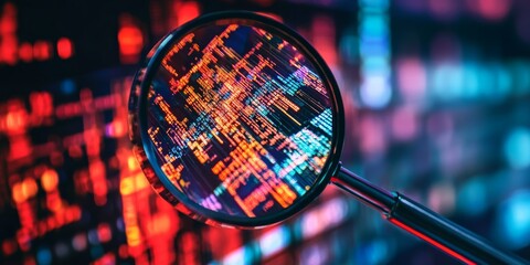 Poster - A striking close-up of a magnifying glass highlighting colorful data patterns. This image conveys exploration and analysis in the realm of digital technology.