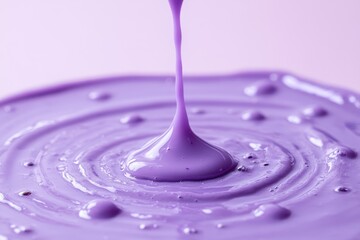 Poster - Luscious Lavender Liquid Cascade Creating Captivating Circular Patterns on a Pastel Pink Backdrop in a Macro Style