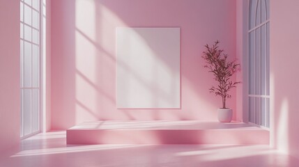 Poster - A tranquil interior setting features soft pink walls, ample sunlight streaming through expansive windows, and a blank canvas awaiting artistic expression. A potted plant adds a touch of greenery