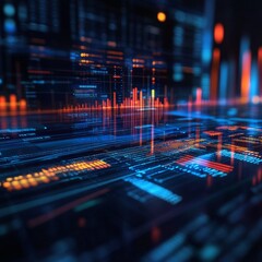 Poster - abstract digital data visualization with glowing graphs and charts in blue and orange colors
