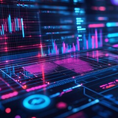 Poster - futuristic digital data visualization with vibrant neon colors and abstract graph elements