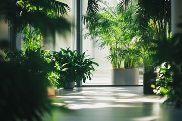 Poster - Lush Indoor Greenery with Sunlight Streaming Through Modern Glass Doors and Plants in Pots