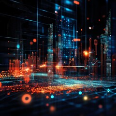 Poster - Futuristic Cityscape With Neon Lights And Digital Data Flowing Through The Urban Environment