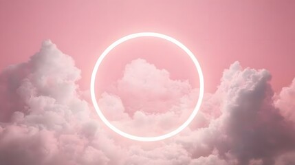 Poster - Pink Cloudscape with Glowing Circle: A Dreamy, Serene Atmosphere