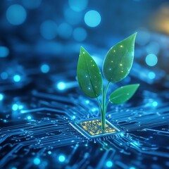Poster - New Plant Growth Emerging from Microchip Circuitry Representing Digital Innovation and Sustainability