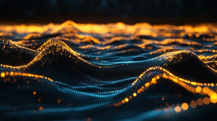 Fototapete - Abstract digital landscape with glowing particles.