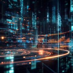 Poster - Futuristic Digital Cityscape with Neon Lights and Abstract Data Visualization at Night