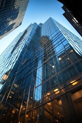 Poster - Modern Skyscraper Reflecting Blue Sky Against Tall City Buildings in Urban Environment
