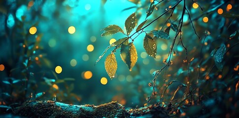 Poster - A captivating and whimsical ambiance is created by an enchanting teal and silver botanical pattern featuring luminous leaves and bokeh