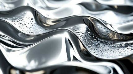 Poster - abstract close up of a metallic silver surface with wave like patterns and water droplets. the image