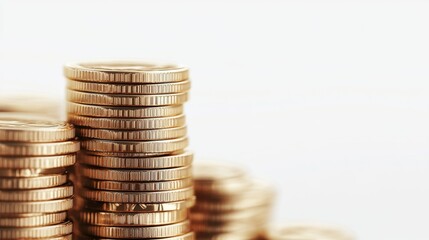 Poster - close-up of stacked gold coins on white background representing wealth and financial prosperity