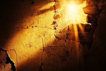 Poster - A stunning image of sunlight streaming through a cracked wall, creating a warm golden hue. The interplay of light and shadow highlights the texture and emotion of decay.