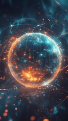 Poster - This abstract digital globe features bright data connections and light effects, creating a futuristic visualization of network technology and innovation.