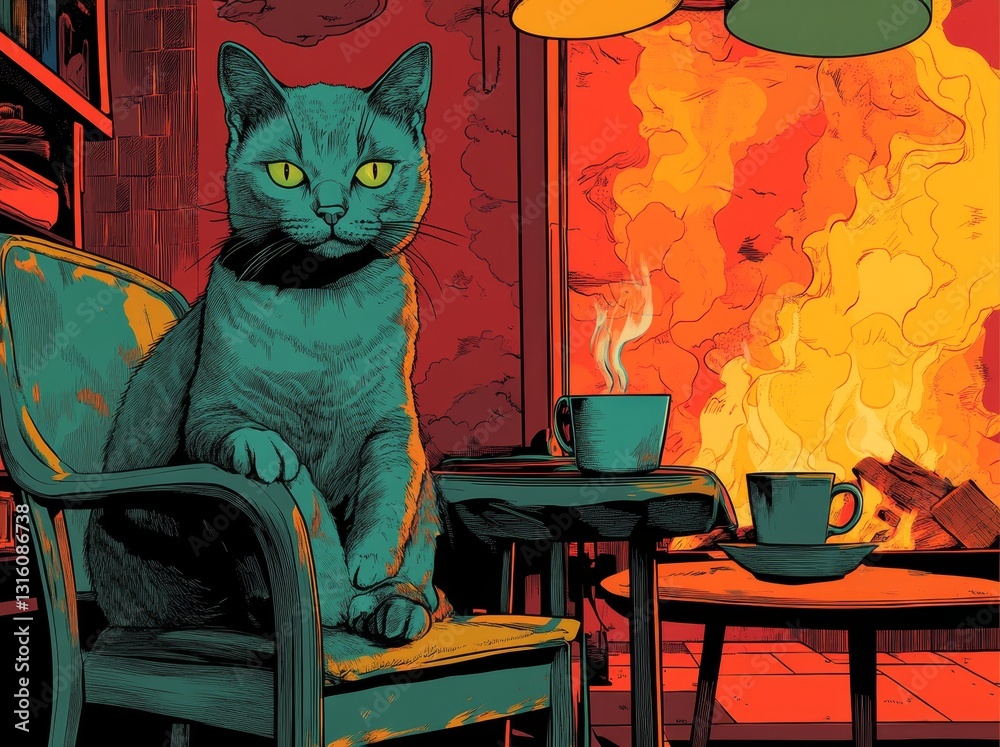 A comic book style imitation, the cat in fire meme is shown in a fine ...