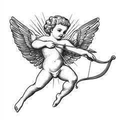 Wall Mural - Love and romance are embodied in a detailed line art sketch engraving of a Cupid angel holding a bow and arrow, a generative AI fictional character PNG illustration with a black and white scratch