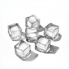 Poster - Drawing of six ice cubes with a white background. The cubes are drawn in black and white