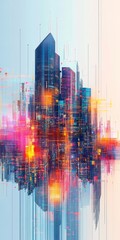Poster - Vibrant Abstract Cityscape with Colorful Skyscrapers and Reflections at Twilight