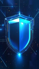 Poster - A striking blue shield icon radiates a digital glow against an abstract background, symbolizing security and modern technology in a vibrant artistic design.