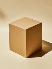 Poster - Minimalist Still Life of a Brown Cardboard Cube Casting a Shadow on a Beige Background in a Studio Setting with Natural Light