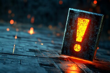 Poster - A glowing exclamation mark stands out in a dark, futuristic setting, creating a striking emphasis on caution and alertness. Perfect for digital media.