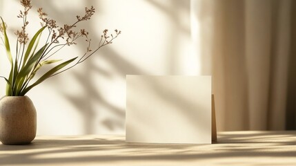 Poster - Soft rays of sunlight filter through sheer curtains, illuminating a blank card resting on a wooden table beside a simple vase with slender green leaves, creating a serene and minimalist atmosphere