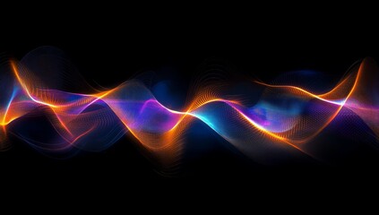 Wall Mural - Abstract Glowing Wave Of Orange Blue And Purple Particles On Black Background Perfect For Technology And Energy Concepts of Digital Art and Illustration. Illustration Style and Motion Design