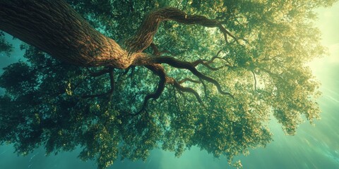 Poster - Lush Green Tree with Expansive Canopy Bathed in Sunlight Creating a Serene Atmosphere