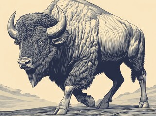 Wall Mural - In a black and white PNG illustration generated by AI, a buffalo is showcased with remarkable precision, its rugged fur, sturdy build, and iconic horns rendered in a scratch board style engraving