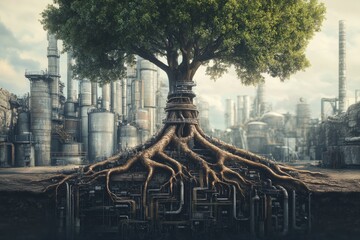 Poster - A striking juxtaposition of a robust tree with intricate roots intertwined with industrial pipes, symbolizing nature's resilience against urban development and pollution.