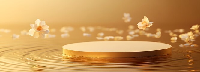 Fototapete - A podium hovering over rippling water, with golden reflections and floating flower petals