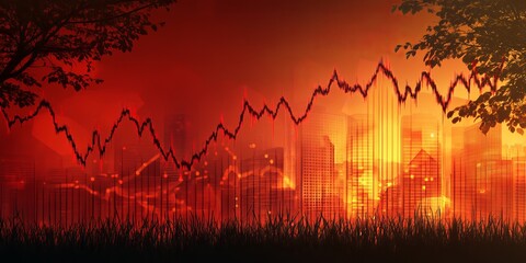 Poster - a stunning urban skyline silhouette at sunset featuring financial graphs and market trends. this ima