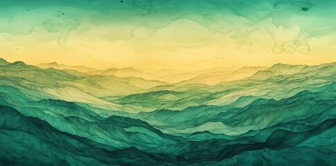 Poster - A simple watercolor depiction of green grass set beneath a yellow sky, ideal for use in backgrounds and nature-inspired projects