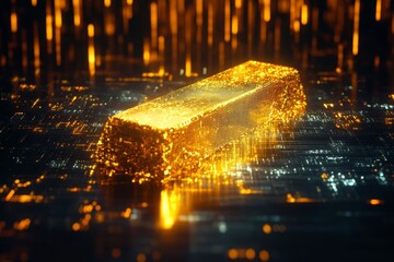 Poster - A gold bar is floating in a pool of water with a glowing, futuristic background. Concept of luxury and modernity, as the gold bar is surrounded by a digital, futuristic environment