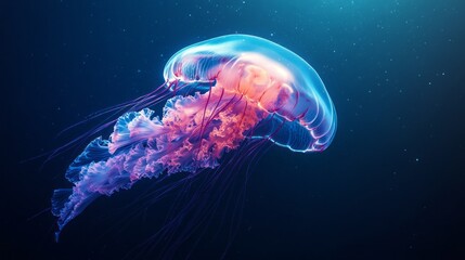 Poster - A mesmerizing jellyfish, illuminated with vibrant colors, dances through the calm, deep blue waters of the ocean. Its long tentacles flow effortlessly, creating an ethereal atmosphere